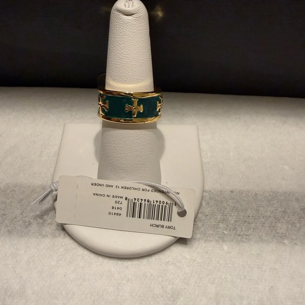 NEW Tory Burch Green Gold size 7 Kira Junky Multi Logo Ring